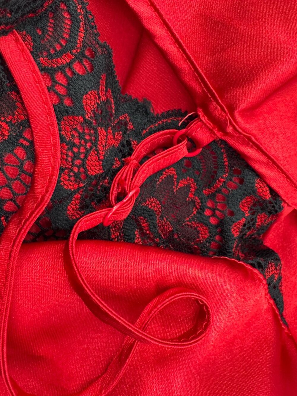 Secret Treasures Red Satin Cami Tap Shorts Pajama Set M Black Lace Lingerie 2PC - Picture 4 of 7